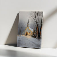 Snowy Winter Landscape Lit Tree Wall Art, Christmas Church Canvas Print, Religious Holiday Scene Decor, Digital Download, Xmas Home Present