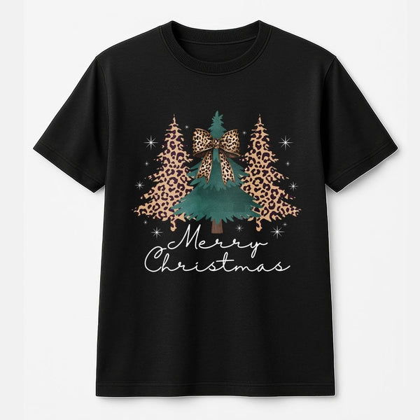 Coquette Bow Holiday Tee, Leopard Print Christmas Tree T-Shirt, Adorable Preppy Xmas Graphic Shirt, Girly Tis the Season Top