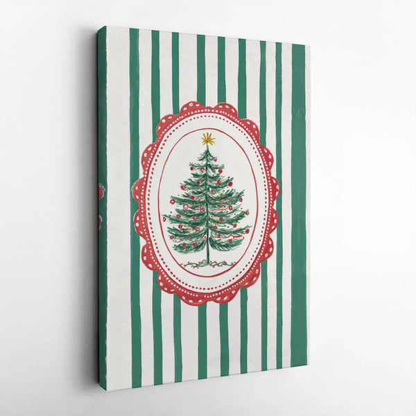 Red Scalloped Stripe Holiday Canvas Print, Vintage Christmas Tree Canvas Wall Art, Festive Xmas Tree Canvas Decor, Winter Sea