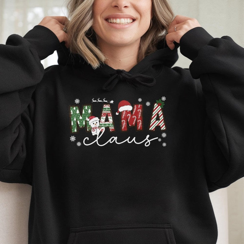 Adorable Snowman Mama Claus Hooded Sweatshirt, Mama Claus Christmas Hoodie, Festive Holiday Mama Claus Hoodie, Winter Xmas Present for Mom Hoodie