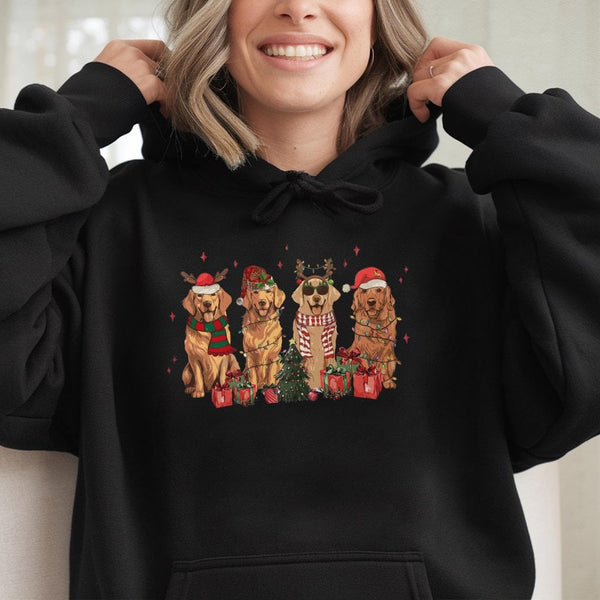 Adorable Holiday Dog Graphic Sweatshirt, Golden Retriever Christmas Hoodie, Festive Xmas Golden Pup Hooded Pullover, Dog Love