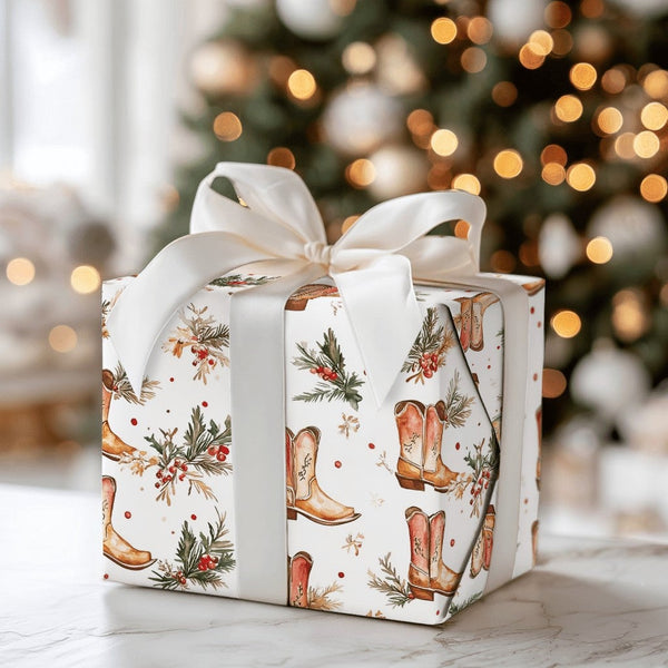 Cowboy Boots Holiday Gift Wrap, Western Christmas Wrapping Paper, Rustic Country Xmas Gift Wrapping Paper, Winter Holly Prese