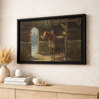 Winter Farmhouse Canvas Wall Art, Horse in Snowy Stable Canvas Print, Equestrian Barn Artwork, Festive Christmas Decor Canvas Present