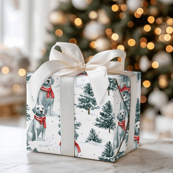 Snowy Pine Dog Wrapping Paper, White Labrador Christmas Wrapping Paper, Winter Holiday Puppy Wrapping Paper