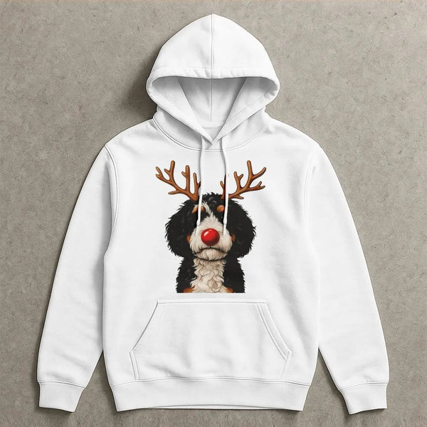 Reindeer Dog Holiday Hoodie, Bernadoodle Christmas Hoodie, Bernedoodle Sweatshirt, Adorable Dog Lover Graphic Hoodie, Present