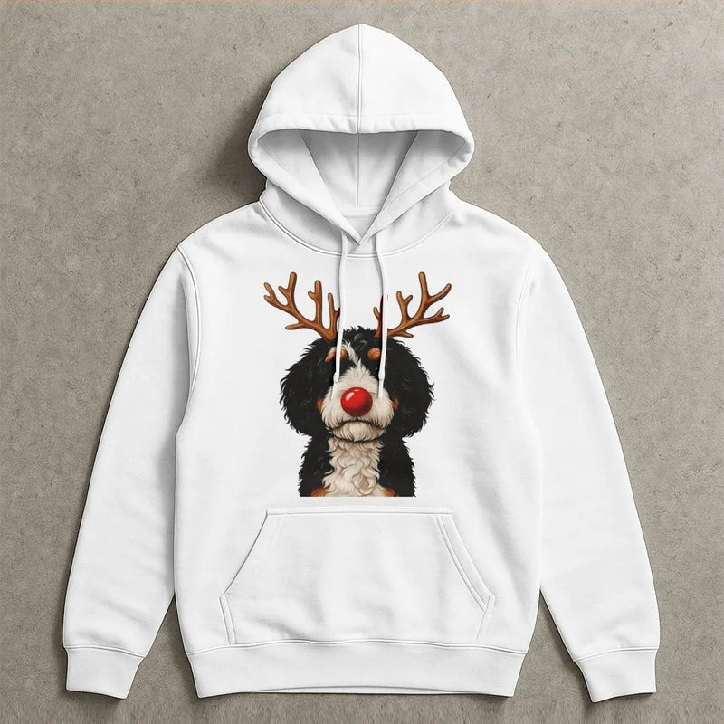 Reindeer Dog Holiday Hoodie, Bernadoodle Christmas Hoodie, Bernedoodle Sweatshirt, Adorable Dog Lover Graphic Hoodie, Present for Dog Mom and Dad