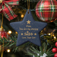Sentimental Present from Son Star Ornament, Shining Star Mom Christmas Ornament, Ceramic Holiday Tree Keepsake, Star Ceramic Ornament for Mom
