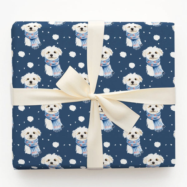 Snowy Puppy Holiday Christmas Gift Wrap, Maltese Winter Scarf Wrapping Paper, Adorable Fluffy Dog Wrapping Paper