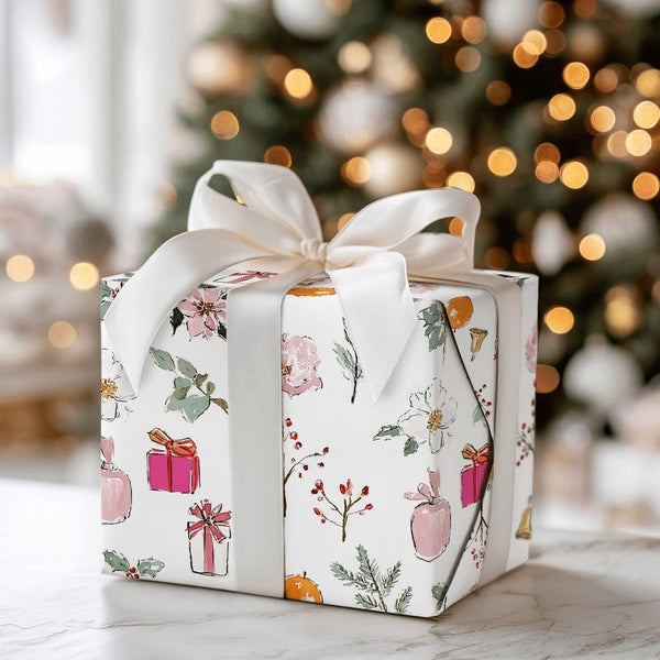 Watercolor Poinsettia and Floral Gift Wrap, Pink Christmas Wrapping Paper, Winter Botanical Gift Wrapping Paper