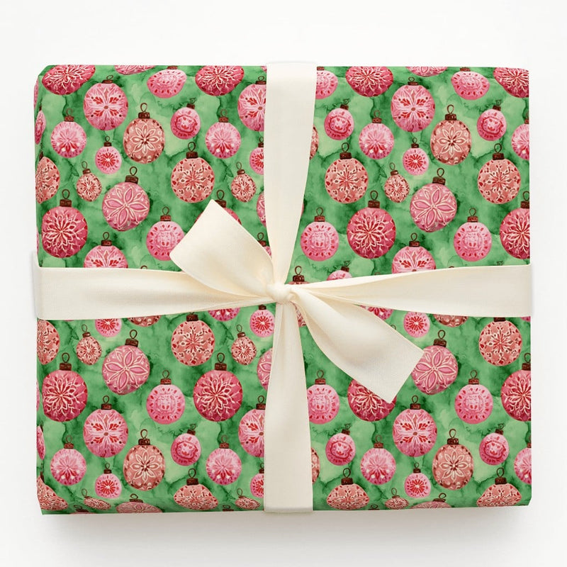 Pink Red Christmas Wrapping Paper, Watercolor Ornament Wrapping Paper, Vintage Bauble Holiday Gift Wrap, Festive Green Paper, Present Wrap
