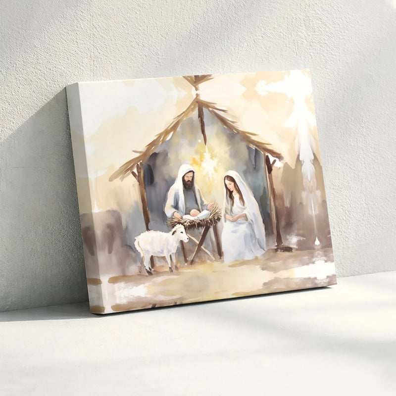 Holy Family Wall Art, Watercolor Nativity Scene Canvas, Christian Christmas Canvas Print, Religious Nativity Canvas, Holiday Home Decor Present