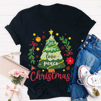 Joy Hope Love Peace Holiday Graphic Tee, Christmas Tree T-Shirt, Retro Xmas Tree Shirt, Festive Holiday Apparel Present