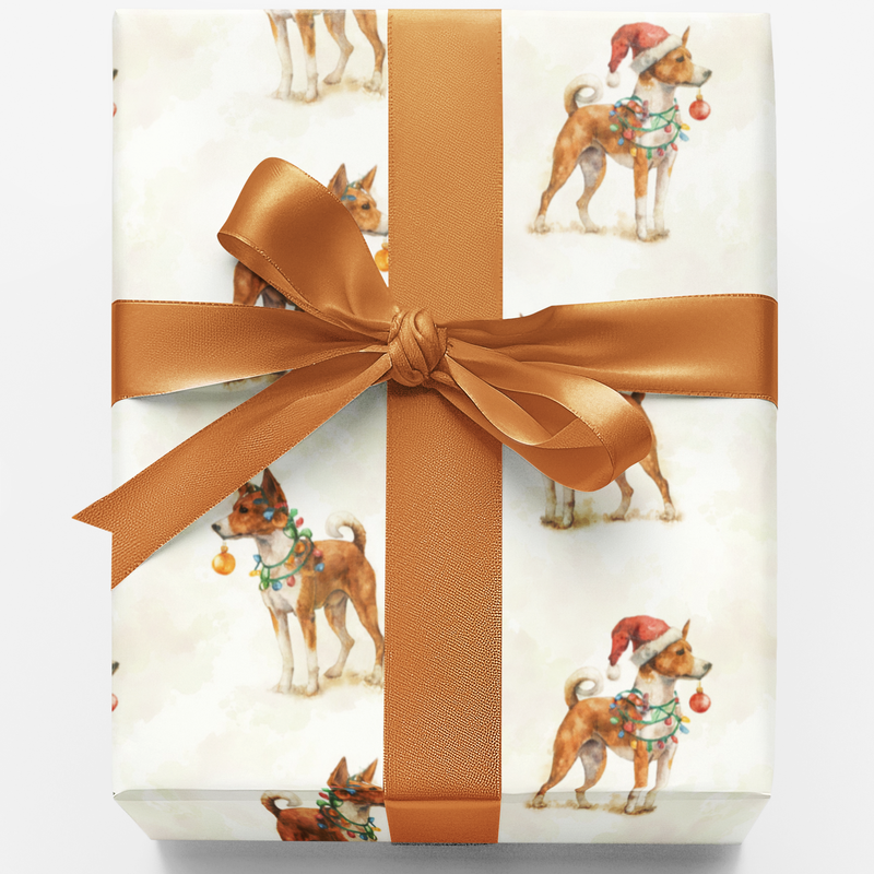 Santa Hat Dog Wrapping Paper, Basenji Christmas Wrapping Paper, Festive Basenji Gift Wrap, Holiday Dog Lover Wrapping Paper Roll