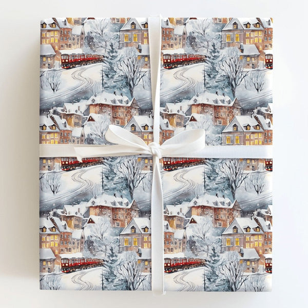Watercolor Snowy Alpine Gift Wrap, Winter Village Red Train Wrapping Paper, Nostalgic Holiday Wrapping Paper, Christmas Gift 