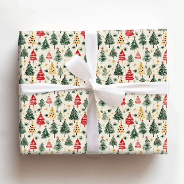 Colorful Holiday Gift Wrap, Watercolor Christmas Trees Wrapping Paper, Retro Xmas Tree Gift Wrapping Paper, Festive Winter Pr