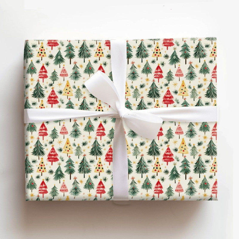 Colorful Holiday Gift Wrap, Watercolor Christmas Trees Wrapping Paper, Retro Xmas Tree Gift Wrapping Paper, Festive Winter Present Paper