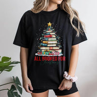 Book Stack Xmas Tree Shirt, All Booked for Christmas T-Shirt, Bookish Reader Librarian Graphic Tee, Adorable Holiday Teacher Cotton T-Shirt