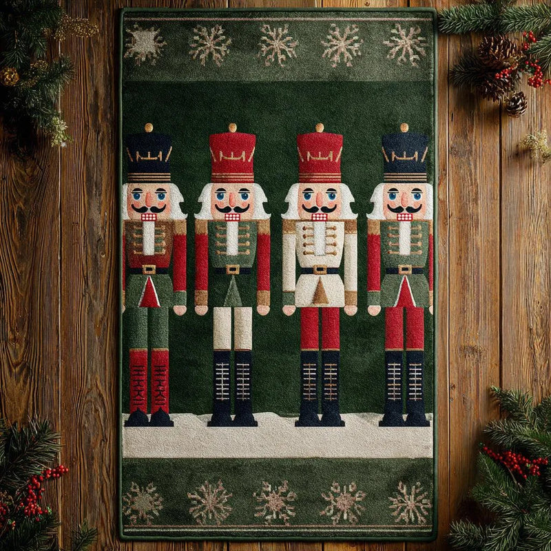 Vintage Christmas Soldier Rug, Snowflake Nutcracker Green Area Rug, Winter Holiday Nutcracker Floor Rug, Xmas Home Decor Mat