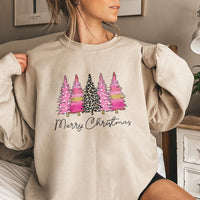 Merry Christmas Sweatshirt, Pink Leopard Christmas Tree Sweatshirt, Retro Holiday Leopard Tree Crewneck, Festive Winter Graphic Pullover