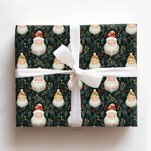 Retro Santa Gift Wrap Roll, Adorable Santa Claus Christmas Wrapping Paper, Festive Green Holiday Wrap, Winter Berry Present P