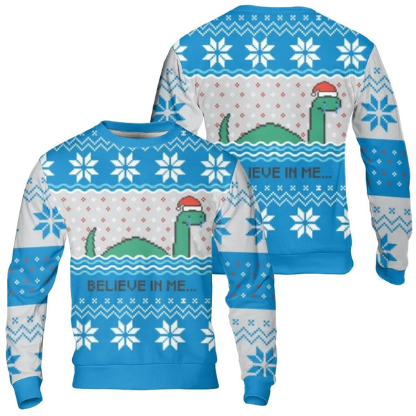 Pixel Art Nessie Ugly Xmas Sweater, Loch Ness Monster Christmas Sweatshirt, Cryptozoology Monster Holiday Graphic Crewneck Pu