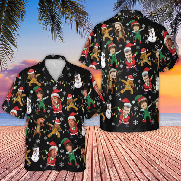 Dabbing Santa Elf Reindeer Aloha Shirt, Custom Face Christmas Hawaiian Shirt, Humorous Holiday Button Down Shirt, Family Part