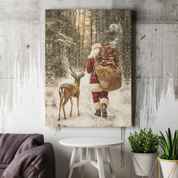Snowy Winter Forest Canvas, Santa Claus and Reindeer Canvas Print, Christmas Holiday Wall Art, Festive Santa Canvas Art, Comf