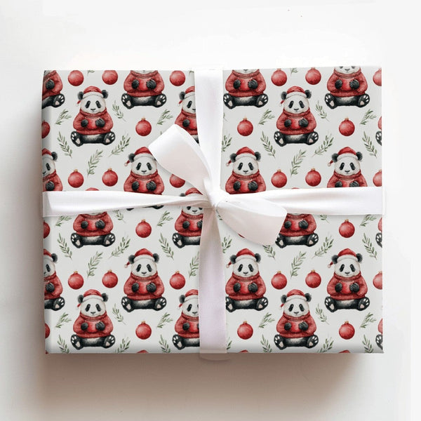 Adorable Bear Holiday Gift Wrap, Santa Hat Panda Christmas Wrapping Paper, Watercolor Christmas Panda Wrapping Paper, Winter 