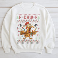 Humorous Rooster Chicken Holiday Sweater, F-Caw-F Ugly Christmas Sweatshirt, Sarcastic Poultry Farmer Xmas Pullover, Joke Present