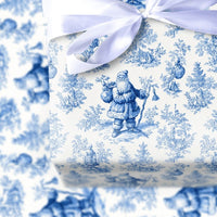 Vintage Christmas Gift Wrap, Blue and White Santa Toile Wrapping Paper, French Toile Holiday Wrapping Paper, Winter Forest Gift Wrap Roll