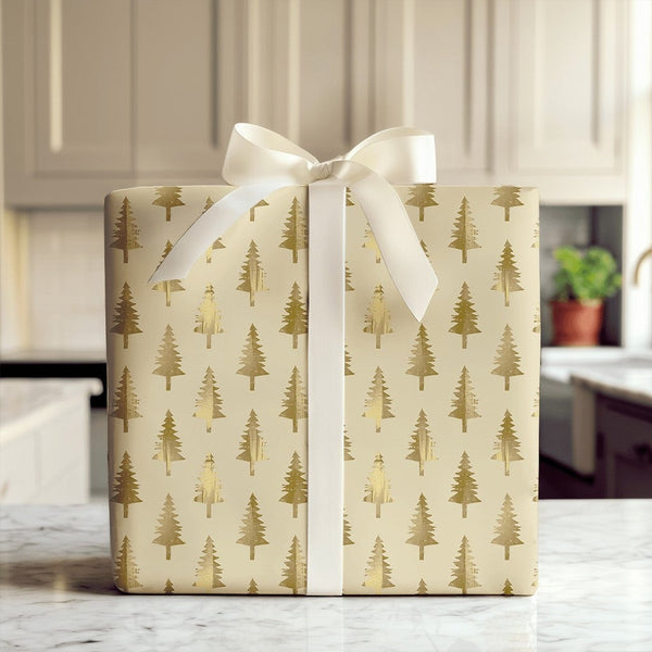 Metallic Holiday Gift Wrap, Gold Christmas Tree Wrapping Paper, Modern Winter Christmas Wrapping Paper, Festive Holiday Prese