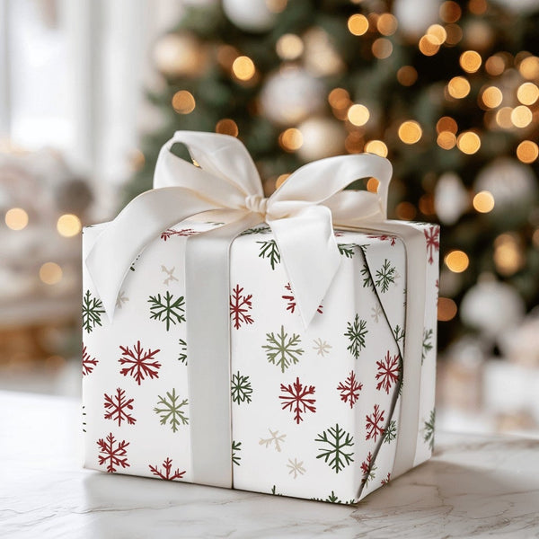 Christmas Holiday Gift Wrap, Rustic Red and Green Snowflake Wrapping Paper, Comfy Winter Wrapping Paper, Hand Drawn Xmas Gift