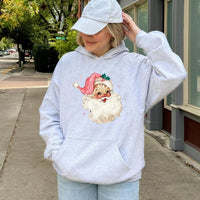 Pink Vintage Christmas Graphic Pullover, Retro Santa Hoodie, Adorable Coquette Holiday Hooded Sweatshirt, Girly Pastel Winter Xmas Present