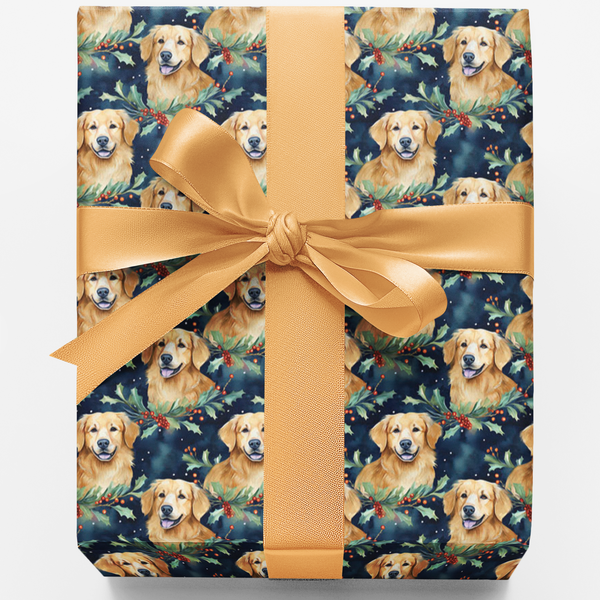 Watercolor Puppy Holiday Gift Wrap, Golden Retriever Christmas Wrapping Paper, Festive Dog Present Paper, Winter Dog Lover Wr
