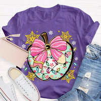 Festive Teacher Holiday Shirt, Christmas Lights Snowflakes Bow Apple T-Shirt, Adorable Coquette Winter Graphic Tee, Xmas Present for Her