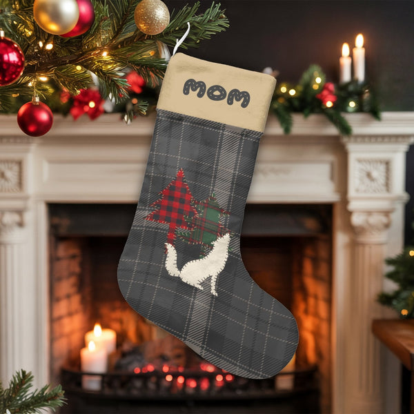 Grey Plaid Holiday Stocking, Personalized Cat Christmas Stocking, Custom Patchwork Pet Xmas Stocking, Comfy Fireplace Decor, 