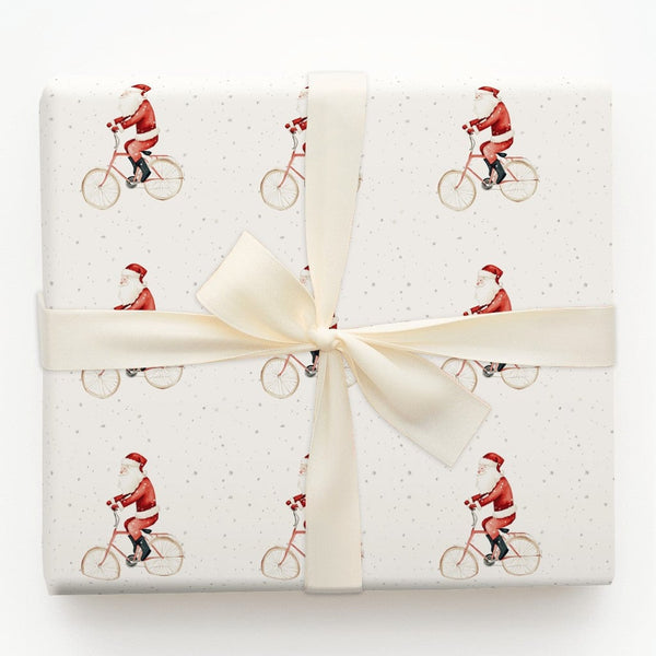 Whimsical Christmas Gift Wrap, Watercolor Santa on Bicycle Wrapping Paper, Retro Holiday Santa Wrapping Paper, Adorable Festi