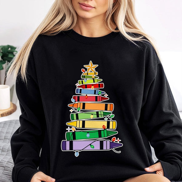 Crayon Tree Holiday Sweatshirt, Christmas Teacher Sweatshirt, Educator Winter Crewneck, School Teacher Xmas Pullover, Teacher
