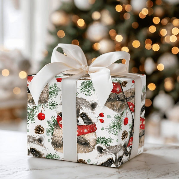 Adorable Woodland Animal Gift Wrap, Raccoon Scarf Wrapping Paper, Watercolor Winter Raccoon Paper, Christmas Holiday Wrapping
