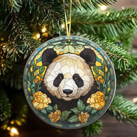 Yellow Floral Bear Christmas Ornament, Stained Glass Panda Ornament, Adorable Animal Glossy Ceramic Ornament, Nature Lover Tree Decor Present