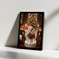 Elf Costume Dog Toilet Scene Canvas Print, Humorous Maltese Dog Christmas Canvas Art, Humorous Holiday Canvas, Adorable Xmas Bathroom Decor