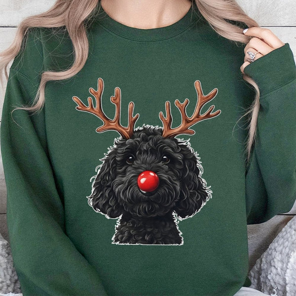 Reindeer Dog Holiday Sweater, Black Goldendoodle Christmas Sweatshirt, Adorable Doodle Dog Xmas Crewneck, Dog Mom Dog Dad Pul