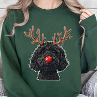 Reindeer Dog Holiday Sweater, Black Goldendoodle Christmas Sweatshirt, Adorable Doodle Dog Xmas Crewneck, Dog Mom Dog Dad Pullover Present
