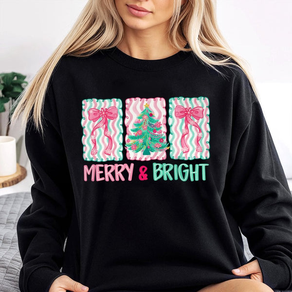 Merry and Bright Holiday Crewneck, Pink Bow Christmas Tree Sweatshirt, Preppy Coquette Xmas Sweater, Adorable Winter Present 