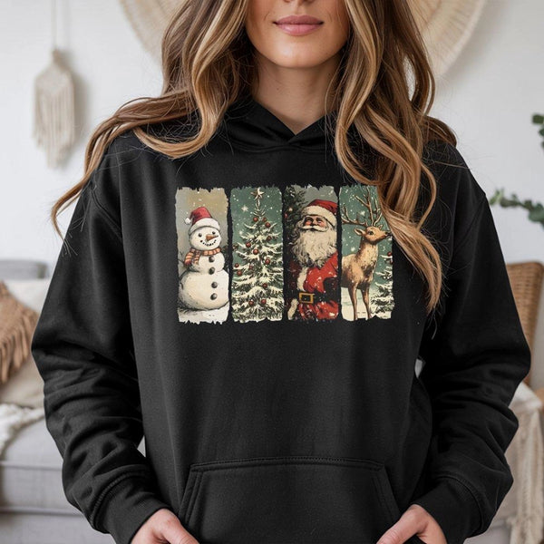 Retro Santa Snowman Tree Sweatshirt, Vintage Christmas Hoodie, Comfy Holiday Hooded Pullover, Xmas Graphic Pocket Hoodie Wint
