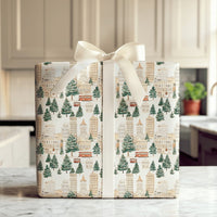 Red Trolley Christmas Gift Wrap, Winter Cityscape Wrapping Paper, Watercolor City Streetcar Wrapping Paper, Festive Holiday Gift Wrap Roll