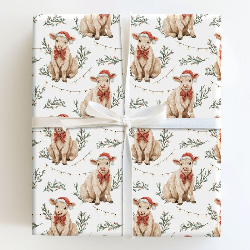 Farmhouse Calf Gift Wrap, Baby Cow Christmas Wrapping Paper, Rustic Cow Wrapping Paper, Holiday Country Gift Wrap, Xmas Present Roll