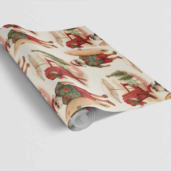 Beach Surfing Santa Gift Wrap, Tropical Santa Christmas Wrapping Paper, Coastal Holiday Present Paper, Summer Xmas Gift Wrapp