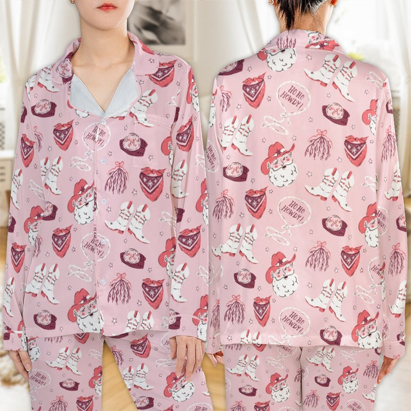 Western Santa Satin Pajama Set, Ho Ho Howdy Christmas Cowgirl Pajamas, Retro Country Holiday Pajama Set, Cowboy Loungewear, Present for Women