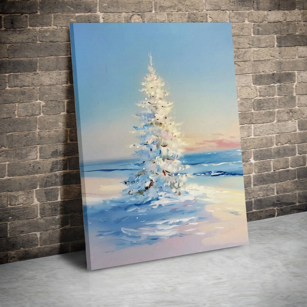 Snowy Beach Christmas Canvas Print, Coastal Christmas Tree Canvas Art, Impressionist Winter Wall Art, Coastal Holiday Beach C